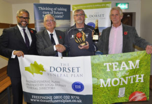 Dorset Funeral Plan cricket leaguie team of the month for July - Cattistock. Nick Douch (left) and Peter Douch (second left) from the sponsors with Richard Landgford and Buddy Langford.