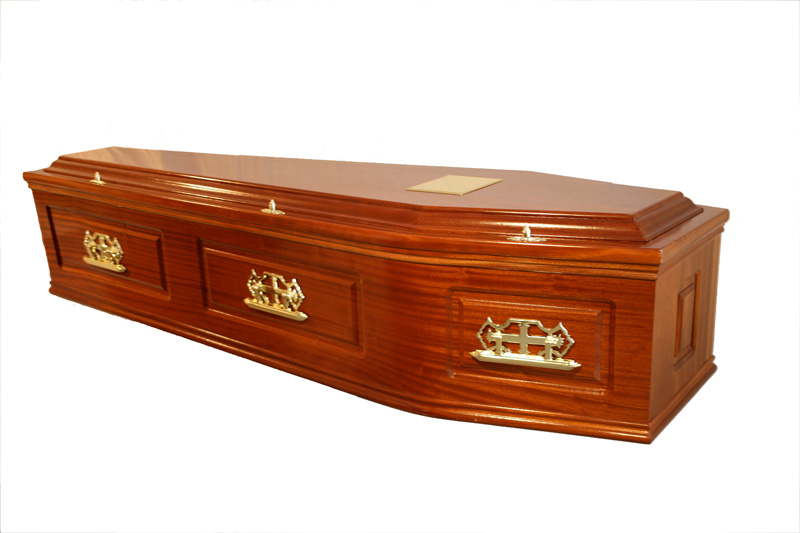 Solid Mahogany Coffin with raised lid and panelled sides FC Douch