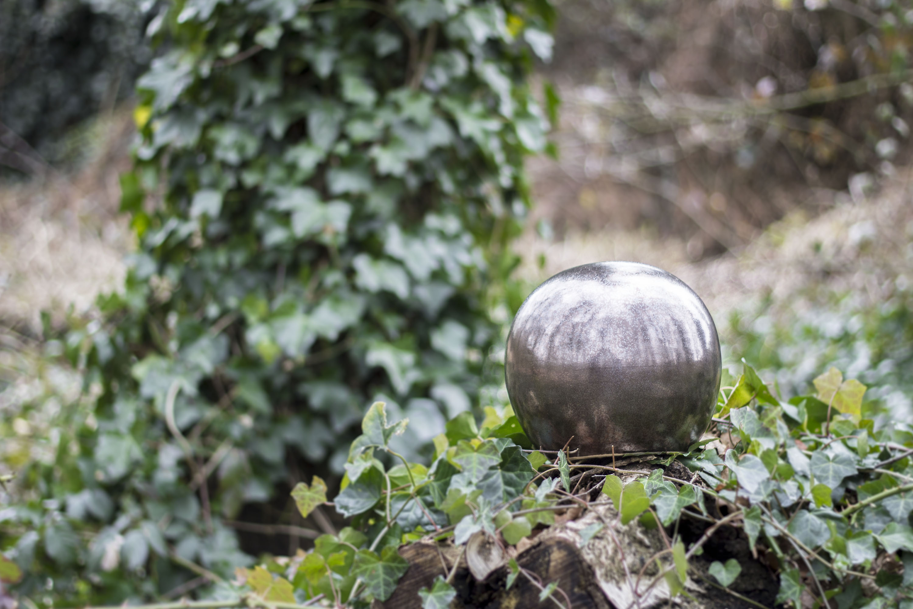 A spherical ceramic bronze urn sat amongst crawling ivy.