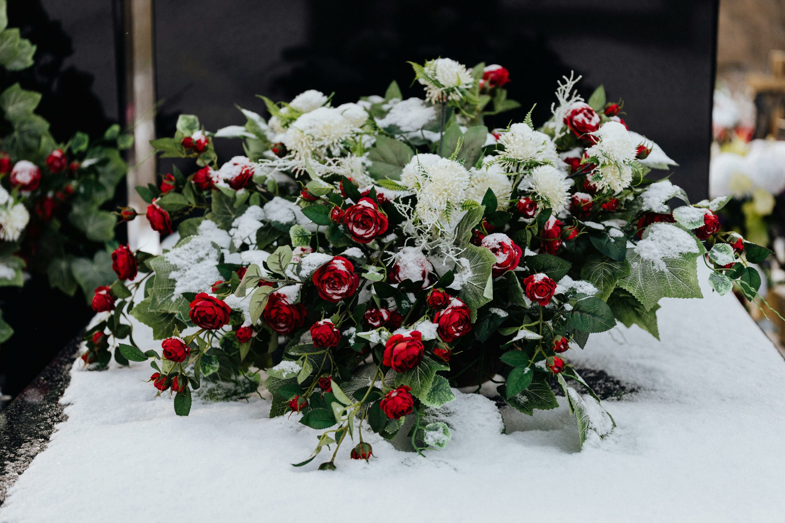 Red and white funeral bouquet with snow on.
