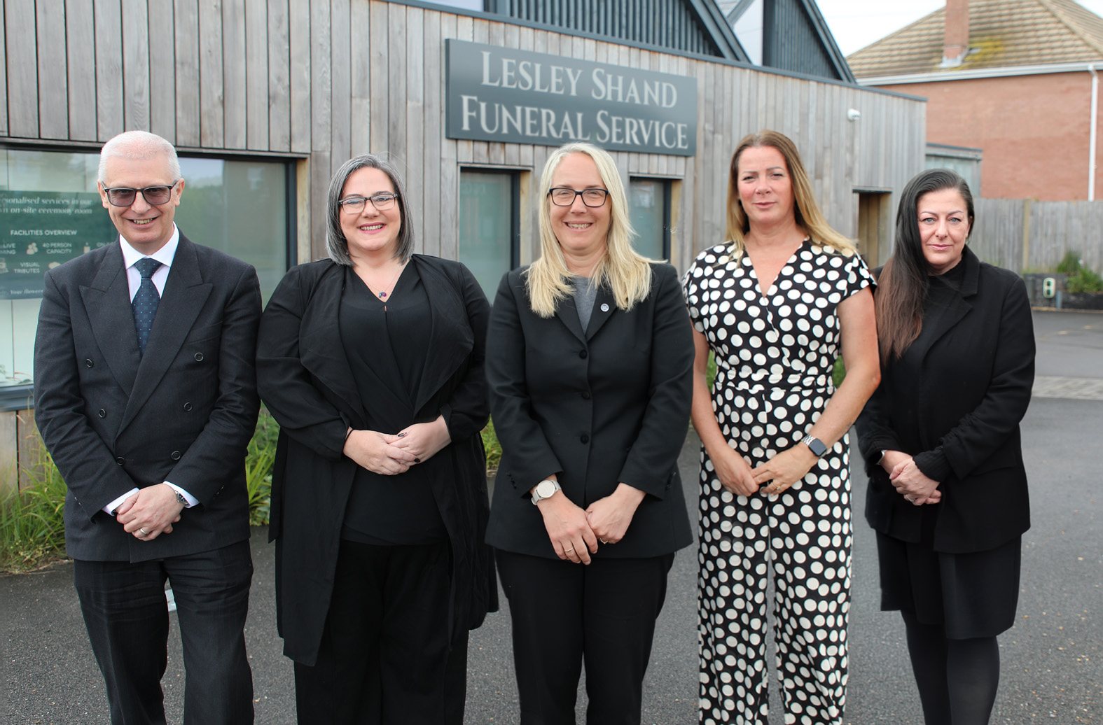 The Lesley Shand Funeral Service team outside the Corfe Mullen branch of Douch Family Funeral Directors in Dorset. Left to right: Peter Short, Danielle Beechey, Emma Byron, Natalie Lanham, Leanne Adimi.
